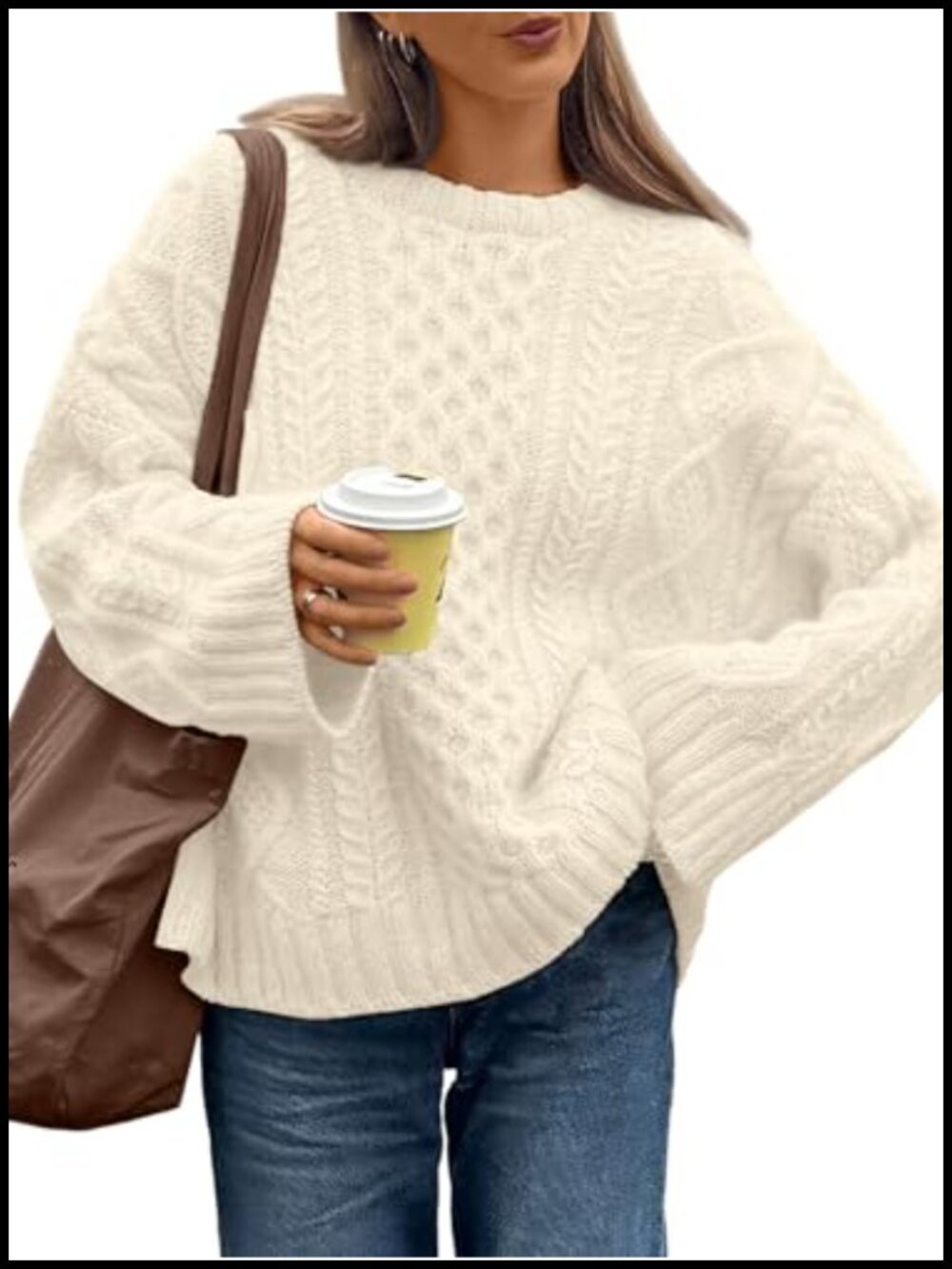 Oversized Cable Knit Sweater Women Pullover Crewneck Chunky Fall Fashion